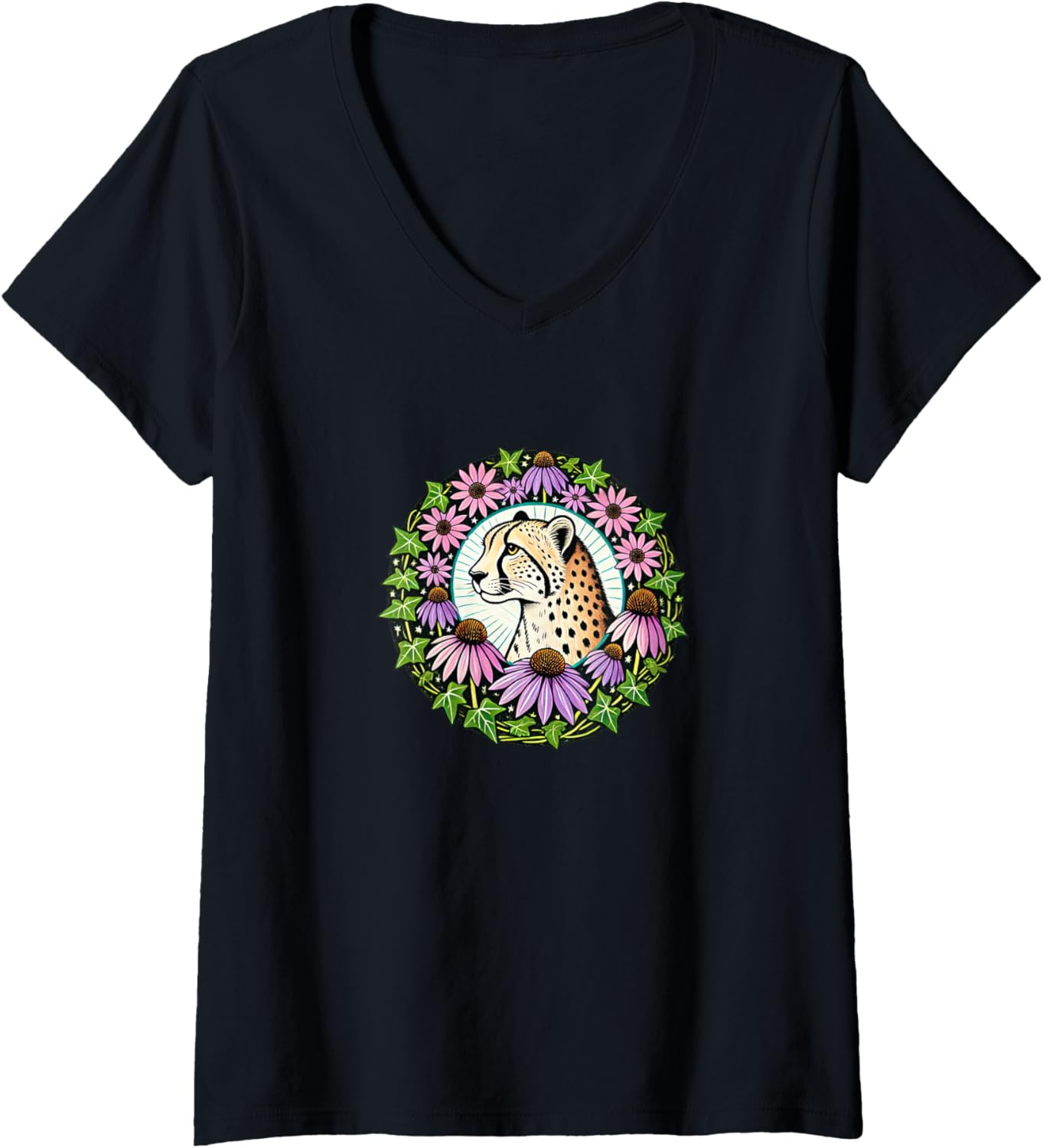 Womens Cheetah Illustration Floral Cheetahs Art V Neck Apparel High Search Demand Hot Right Now