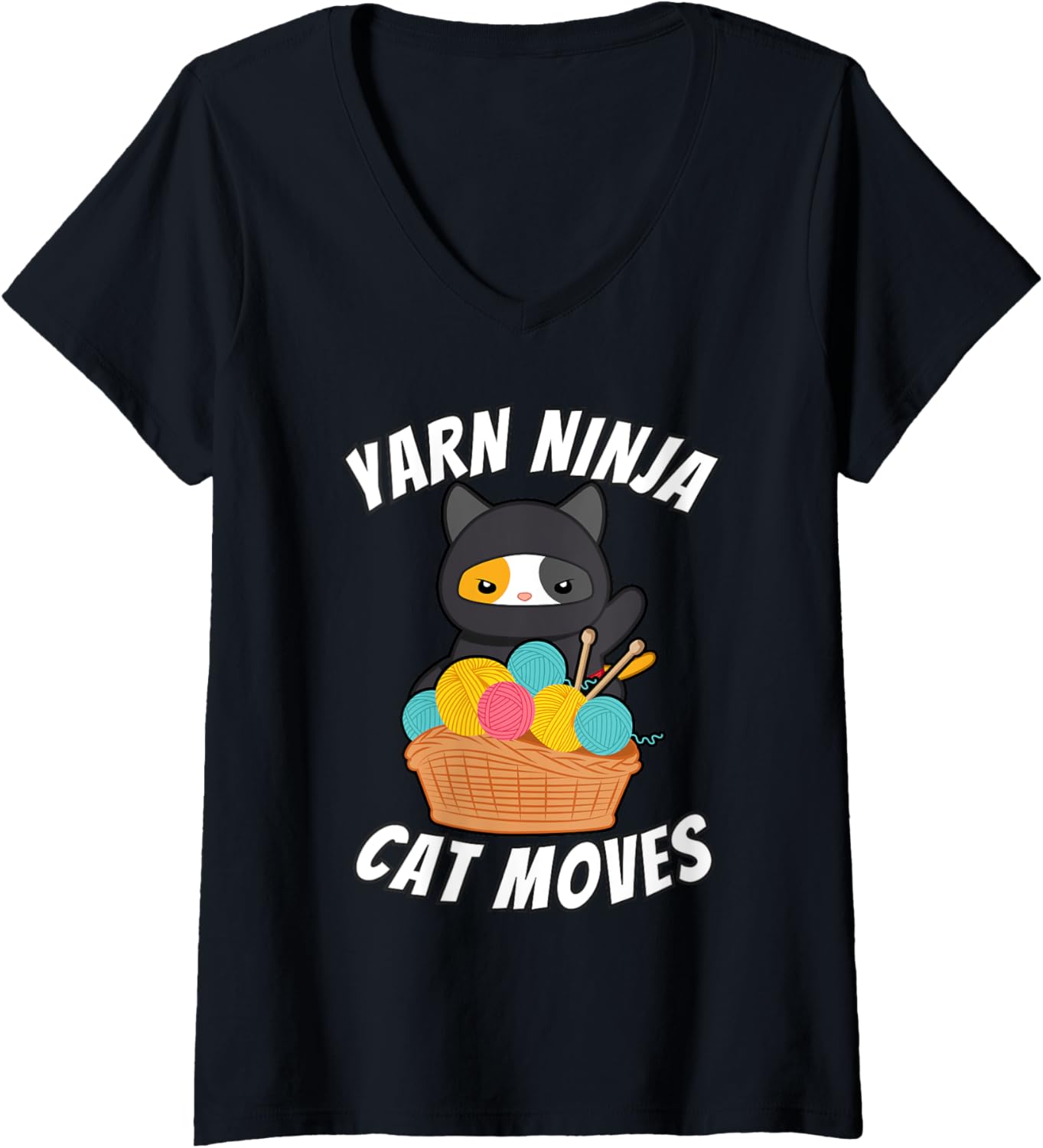 Womens Funny Cat Lover and Yarn Enthusiast Tee - Yarn Ninja Cat V-Neck T-Shirt | Top Rated | Perfect for Crafters