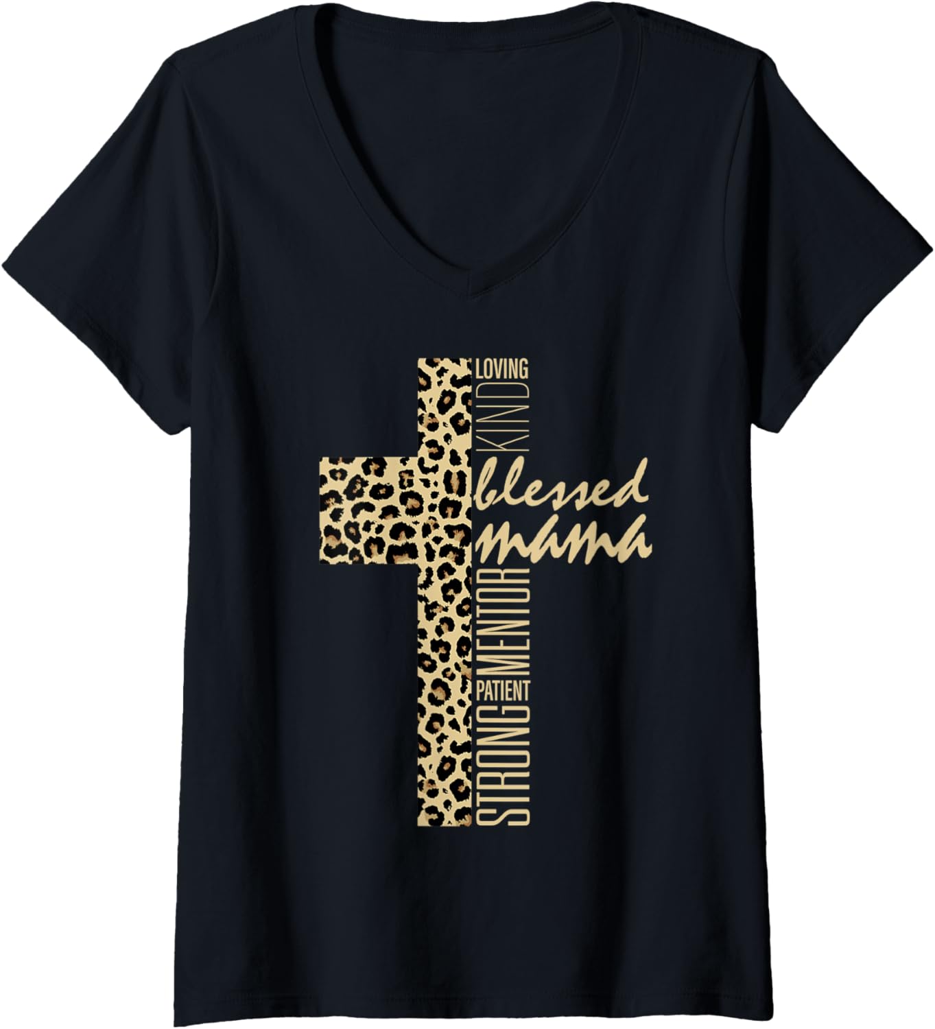Womens Blessed Mama Cross Cheetah Print Christian Mom Mothers Day V Neck Apparel Streetwear Style Hot Right Now