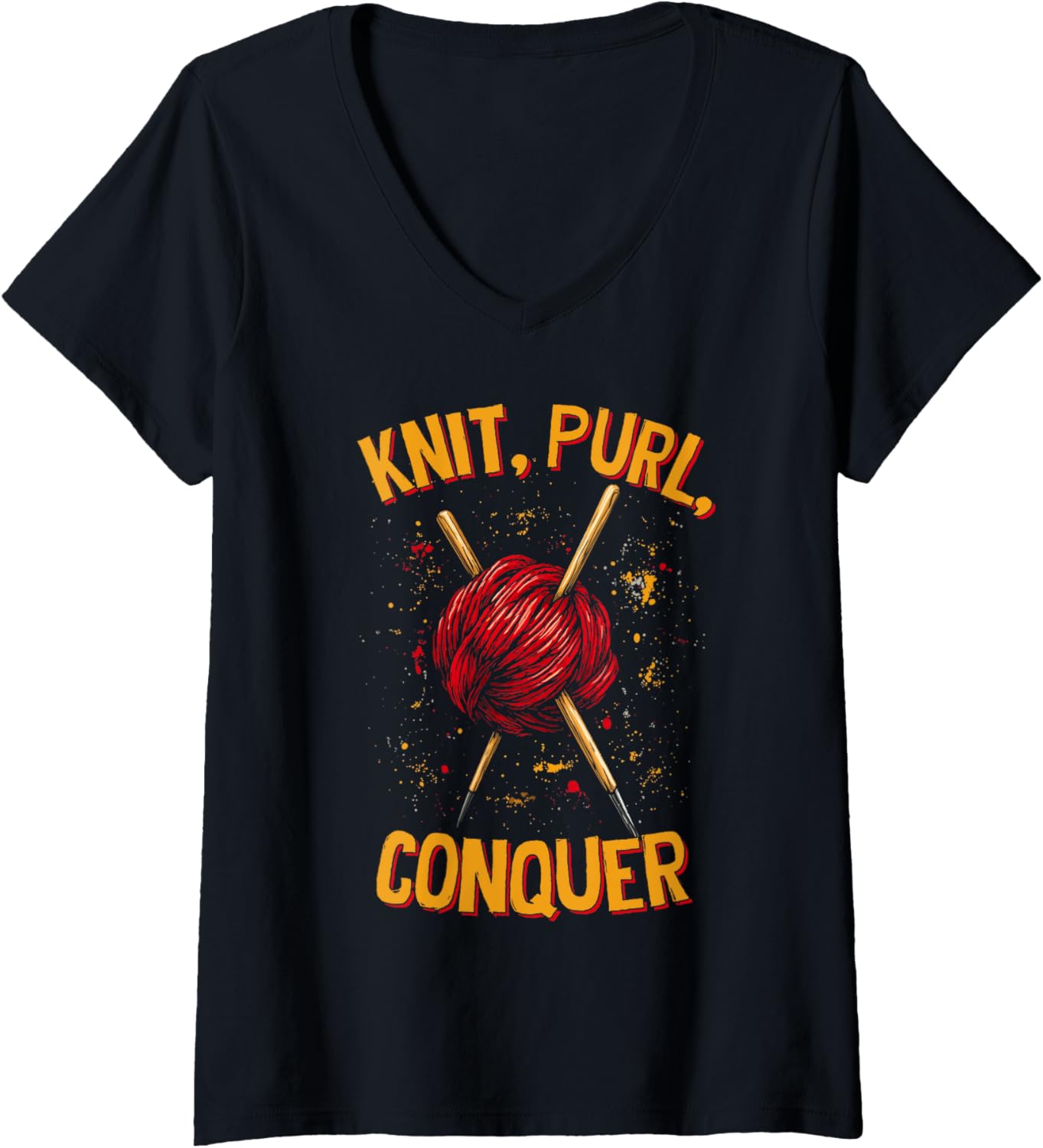 Womens Knit Purl Conquer Knitting Humor Funny Saying Yarn Lovers V-Neck Yarn Supply | Premium Quality | High CTR Title