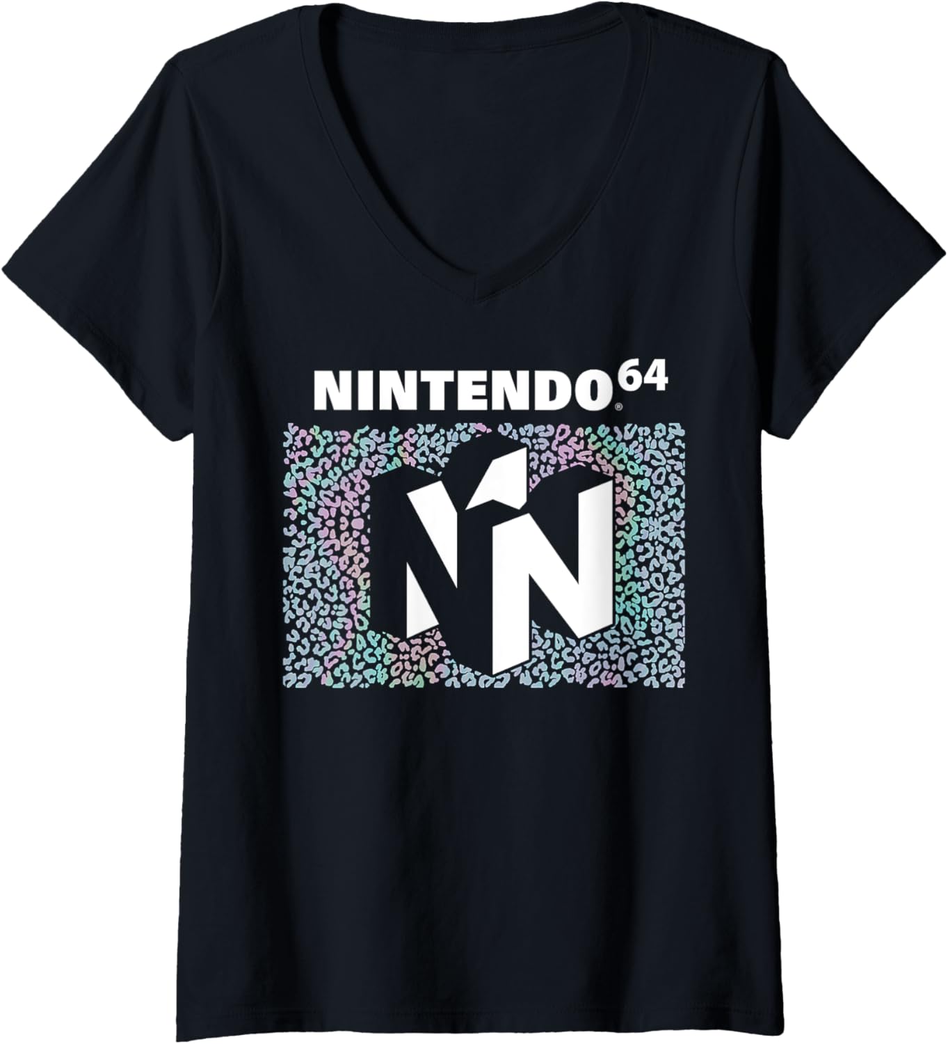 Womens Nintendo 64 Rainbow Distressed Cheetah Print Panel Logo V Neck Apparel Comfort Fit Gift Ready