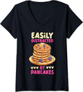 Womens Pancake Maker Easily Distracted By Pancakes V-Neck Apparel | US Viral Style | Comfort Daily Wear