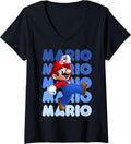 Womens Super Mario Maker Vintage Mario Blue Name Stack Poster V-Neck Apparel | US Viral Style | Must-Have Style