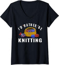 Womens I'd Rather Be Knitting Basket of Yarn Arts & Crafts V-Neck Yarn Supply | Viral US Pick | Perfect for Crafters