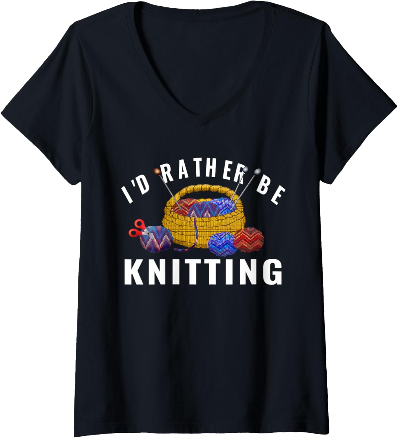 Womens I'd Rather Be Knitting Basket of Yarn Arts & Crafts V-Neck Yarn Supply | Viral US Pick | Perfect for Crafters