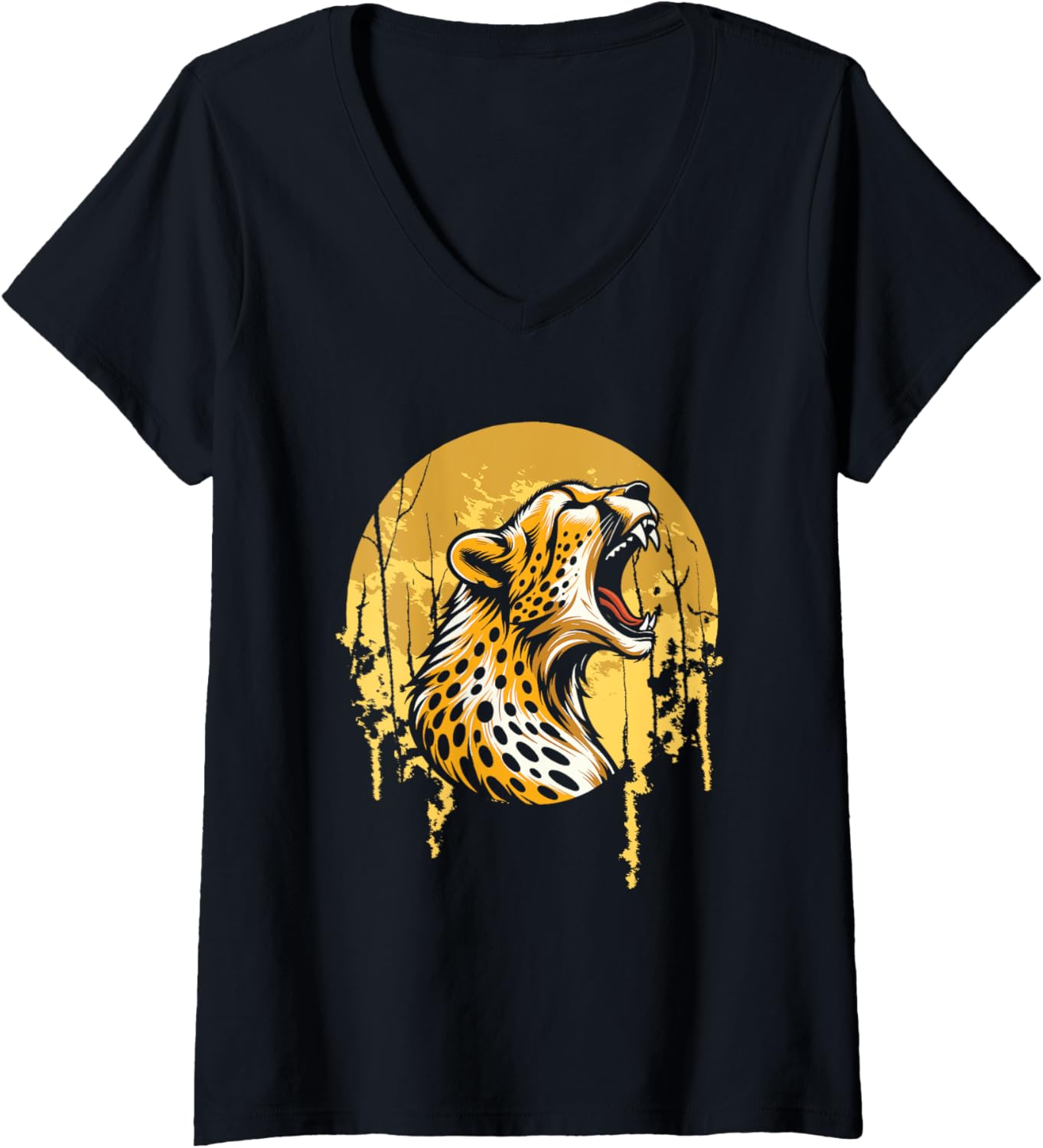 Womens Cheetah African Big Cat Moon Howling V Neck Apparel Comfort Fit Gift Ready