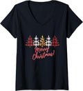 Womens Cheetah and Plaid print trees with Merry Christmas title V Neck Apparel Viral TikTok Find Gift Ready