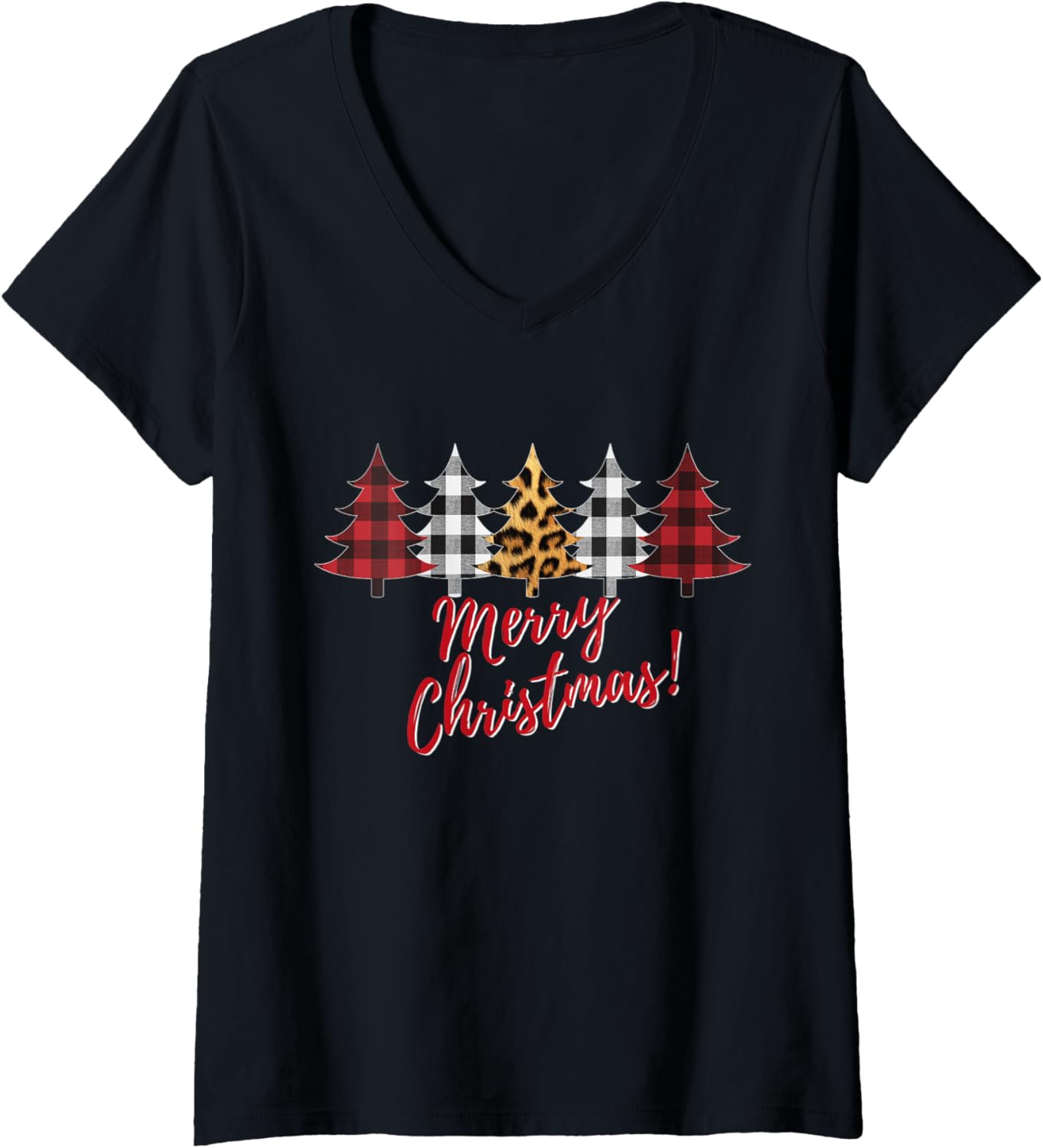 Womens Cheetah and Plaid print trees with Merry Christmas title V Neck Apparel Viral TikTok Find Gift Ready