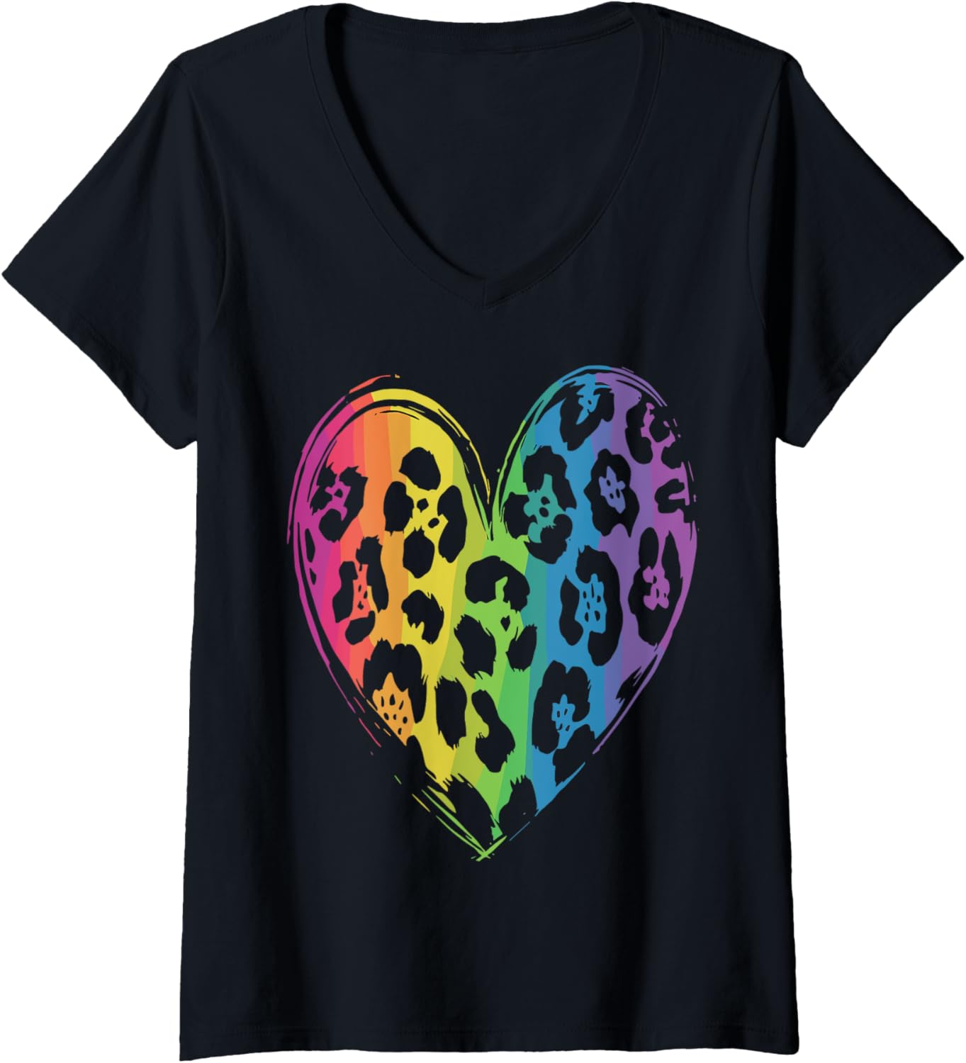 Womens Cool Cheetah Leopard Print Heart Rainbow V Neck Apparel Trending US Everyday Wear