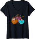 Womens Leopard Pumpkin Cheetah Print Funny Happy Fall Y all Autumn V Neck Apparel Viral TikTok Find US Top Pick
