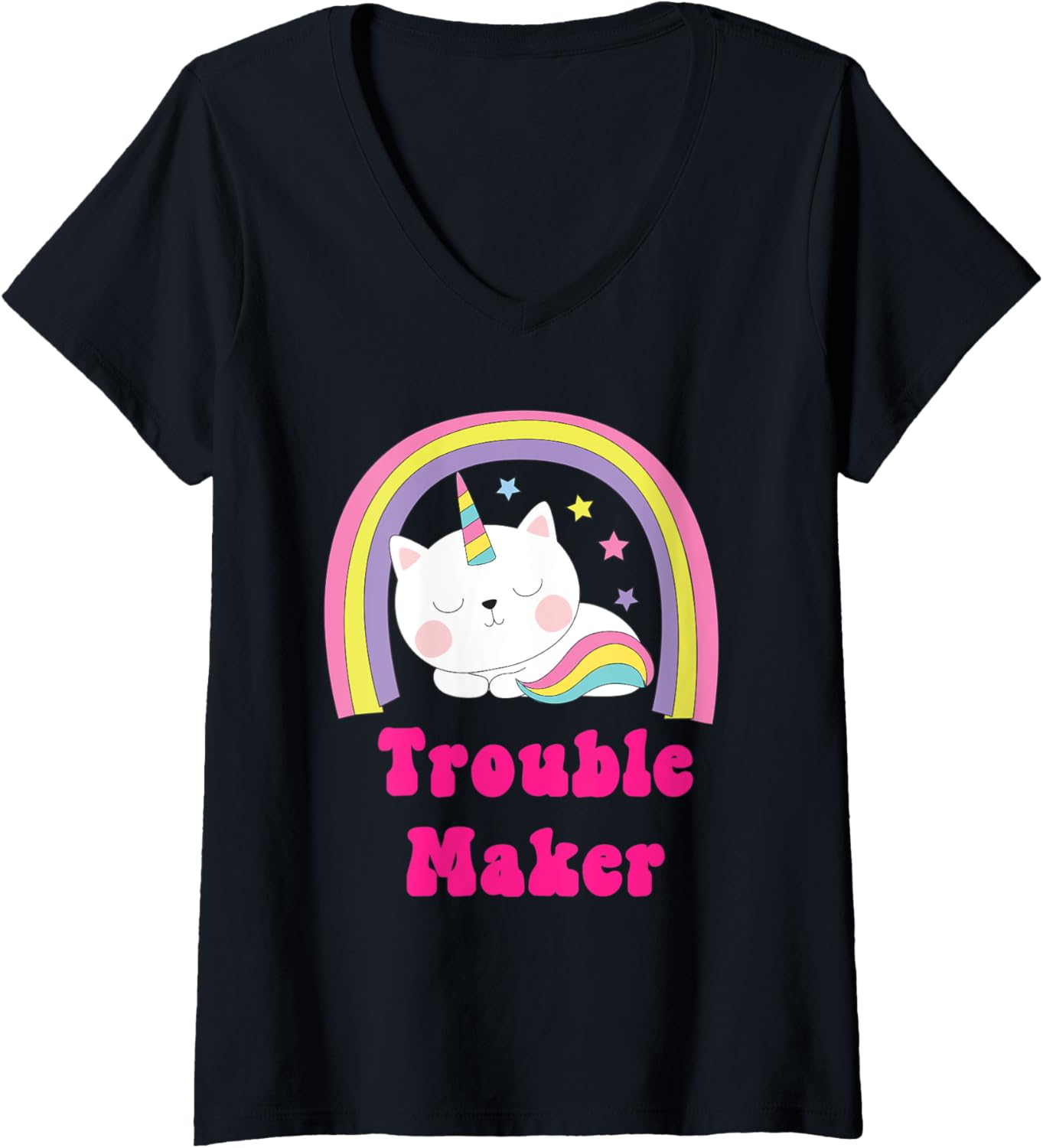 Womens Sarcastic Retro Rainbow Funny Unicorn Trouble Maker V-Neck Apparel | Trending 2025 | Comfort Daily Wear