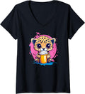 Womens Cute Cheetah Drinking Milkshake Illustration V Neck Apparel Streetwear Style Hot Right Now