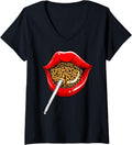 Womens Funny Red Lip Leopard Print Gift Cheetah Lolly Men Women V Neck Apparel Trending US Fan Favorite