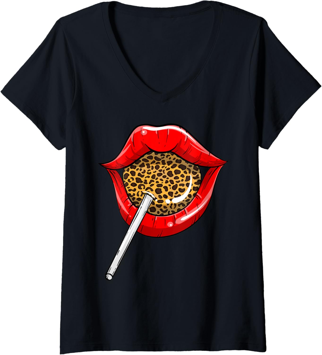 Womens Funny Red Lip Leopard Print Gift Cheetah Lolly Men Women V Neck Apparel Trending US Fan Favorite