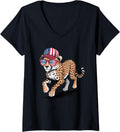 Womens Cool Cheetah USA Flag Sunglasses Independence 4th of July V Neck Apparel High Search Demand Hot Right Now