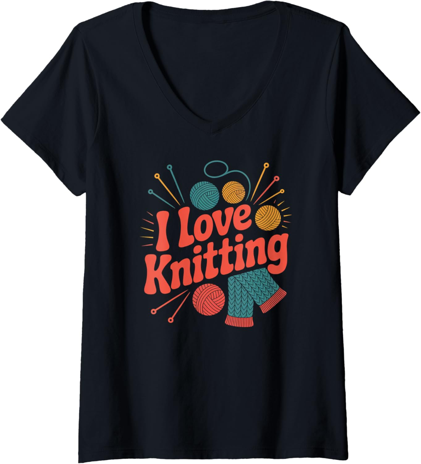 Womens I Love Knitting Yarn Needles Creative V-Neck Yarn Supply | Top Rated | Customer Favorite