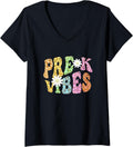 Womens Groovy PRE K VIBES Teacher Leopard Print PreK Retro V Neck Apparel Trending US US Top Pick