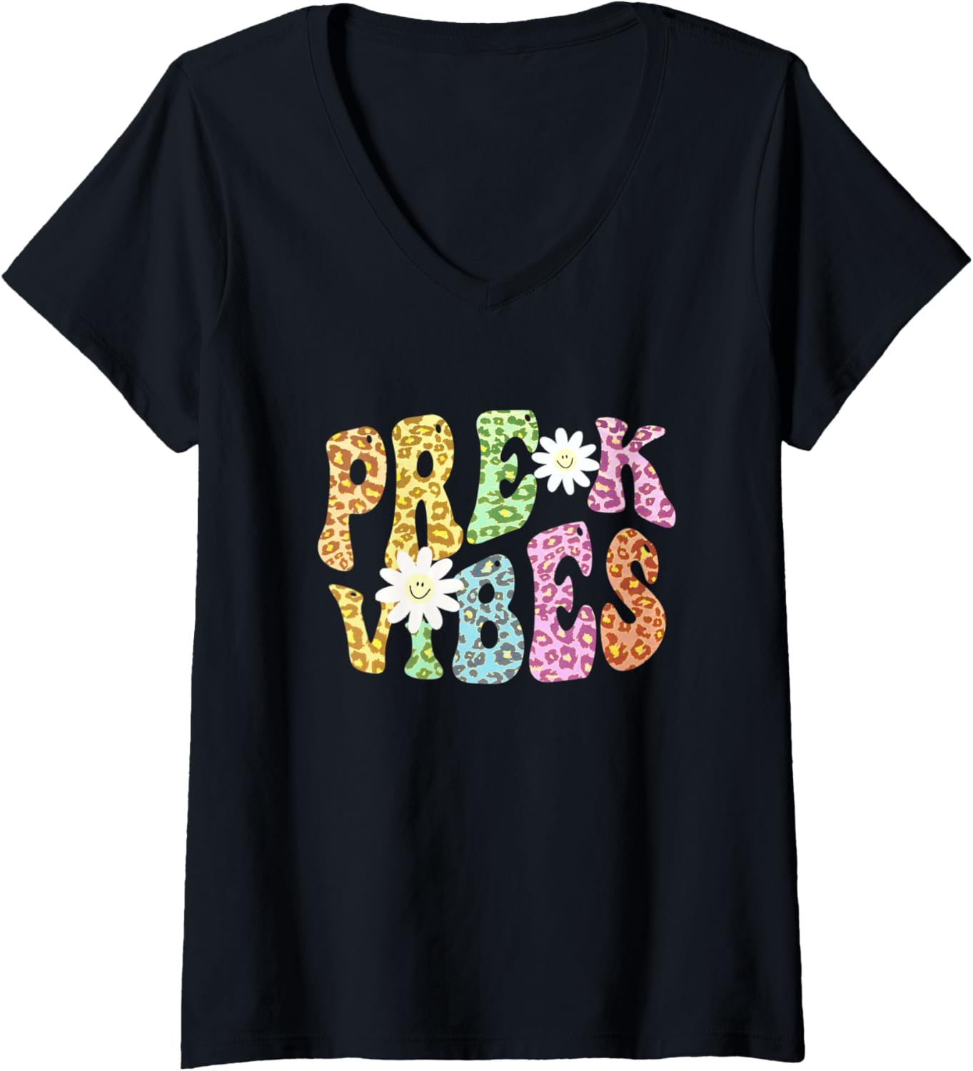 Womens Groovy PRE K VIBES Teacher Leopard Print PreK Retro V Neck Apparel Trending US US Top Pick