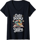 Womens Cats Books And Yarn Funny Knitting V-Neck Yarn Supply | High Search Volume | Best Seller Choice
