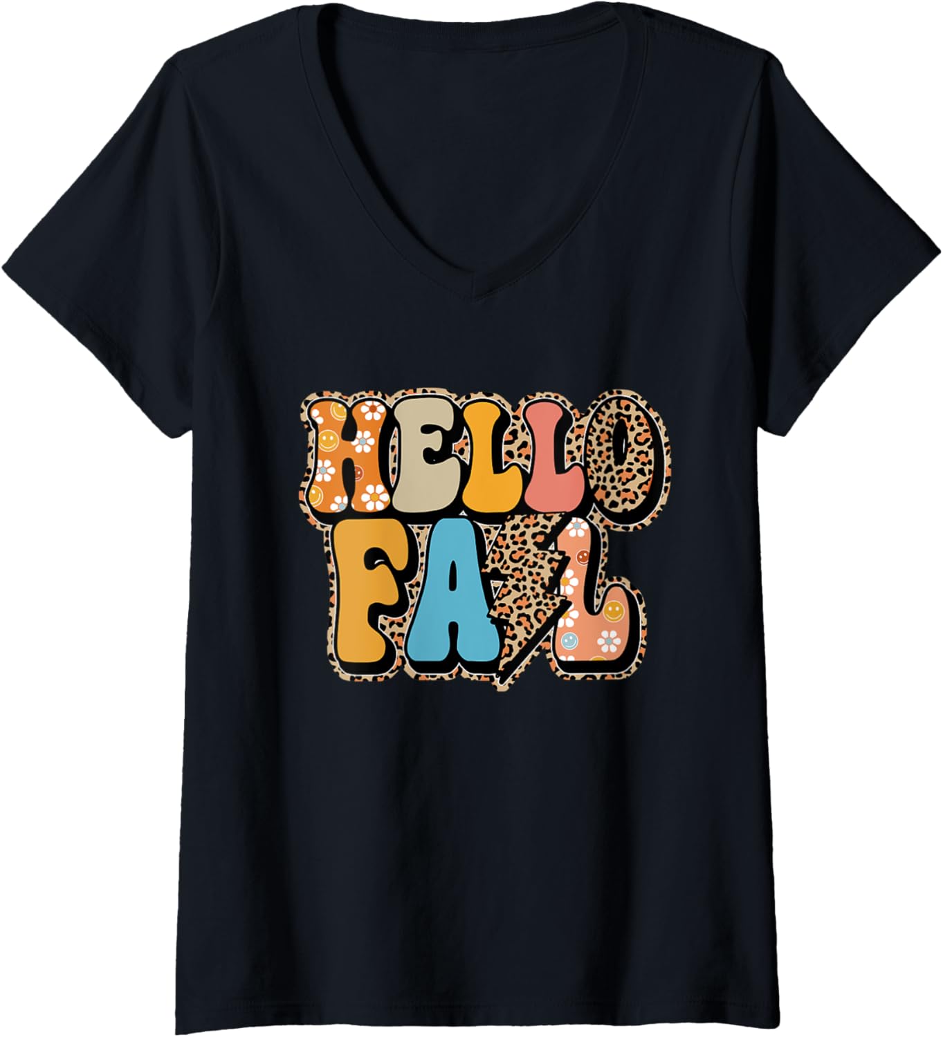 Womens Hello Fall Cheetah Leopard Print Autumn Season Fall Vibes V Neck Apparel Premium Print Best Seller Look