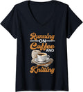 Womens Running On Coffee and Knitting Yarn Crocheting Hobby - V-Neck Yarn Supply | Top Rated | Perfect for Crafters