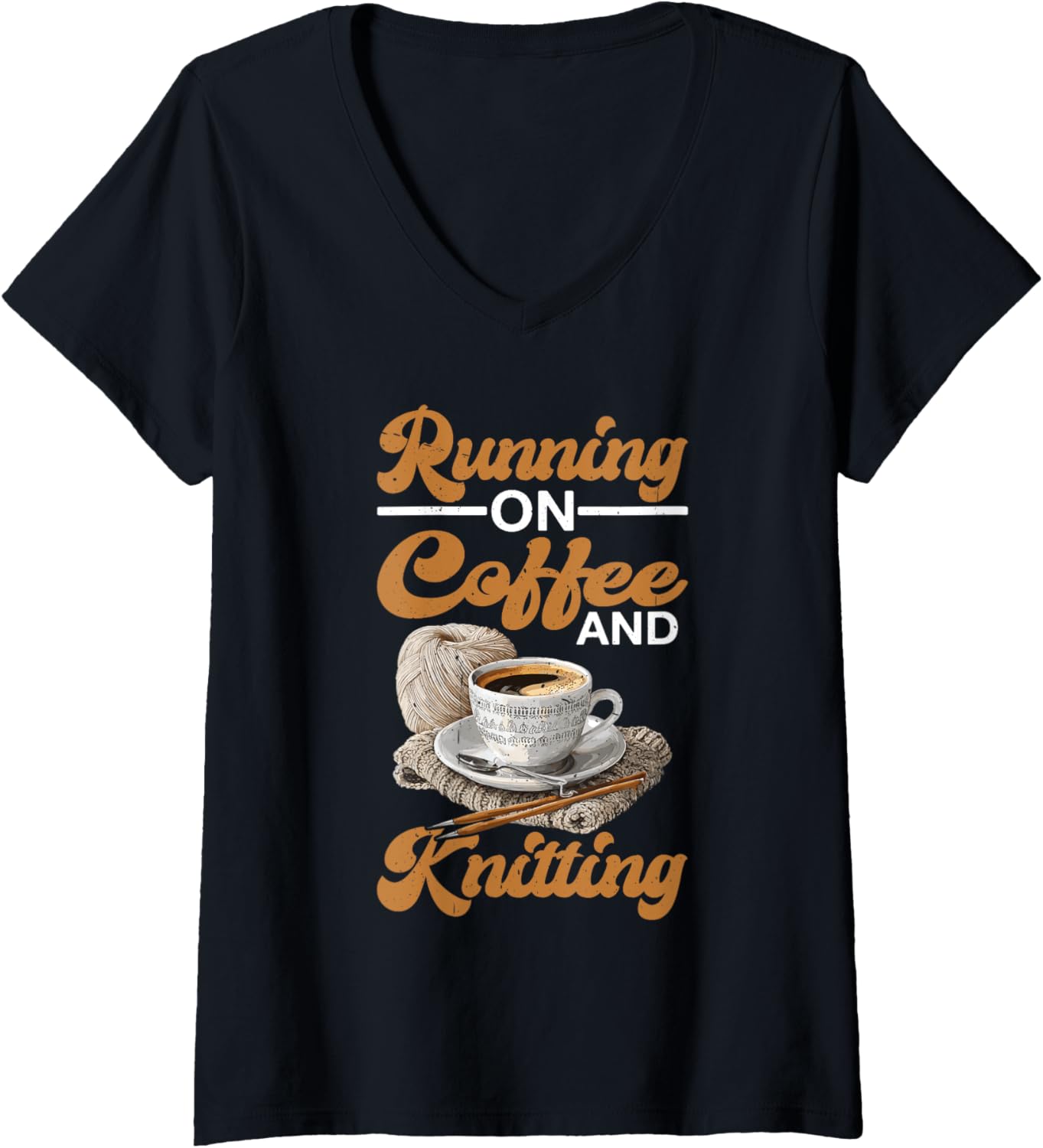 Womens Running On Coffee and Knitting Yarn Crocheting Hobby - V-Neck Yarn Supply | Top Rated | Perfect for Crafters
