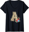 Womens Letter A Initial Leopard Cheetah Print Flowers Watercolor V Neck Apparel High Search Demand US Top Pick