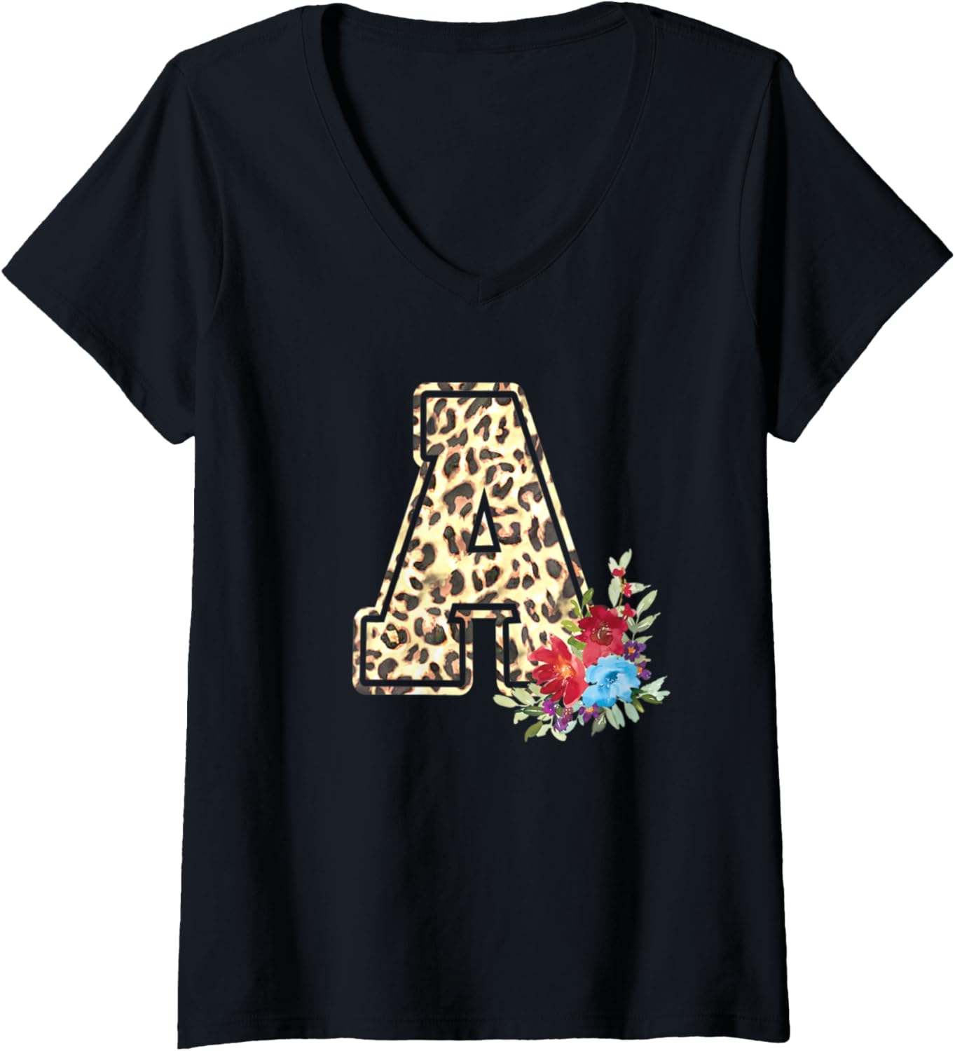 Womens Letter A Initial Leopard Cheetah Print Flowers Watercolor V Neck Apparel High Search Demand US Top Pick