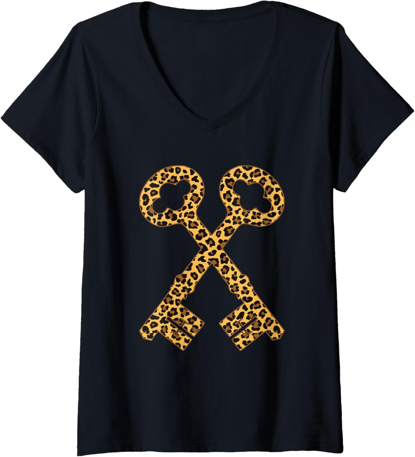 Womens Cross Key Print with Leopard Pattern V Neck Apparel Trending US Everyday Wear
