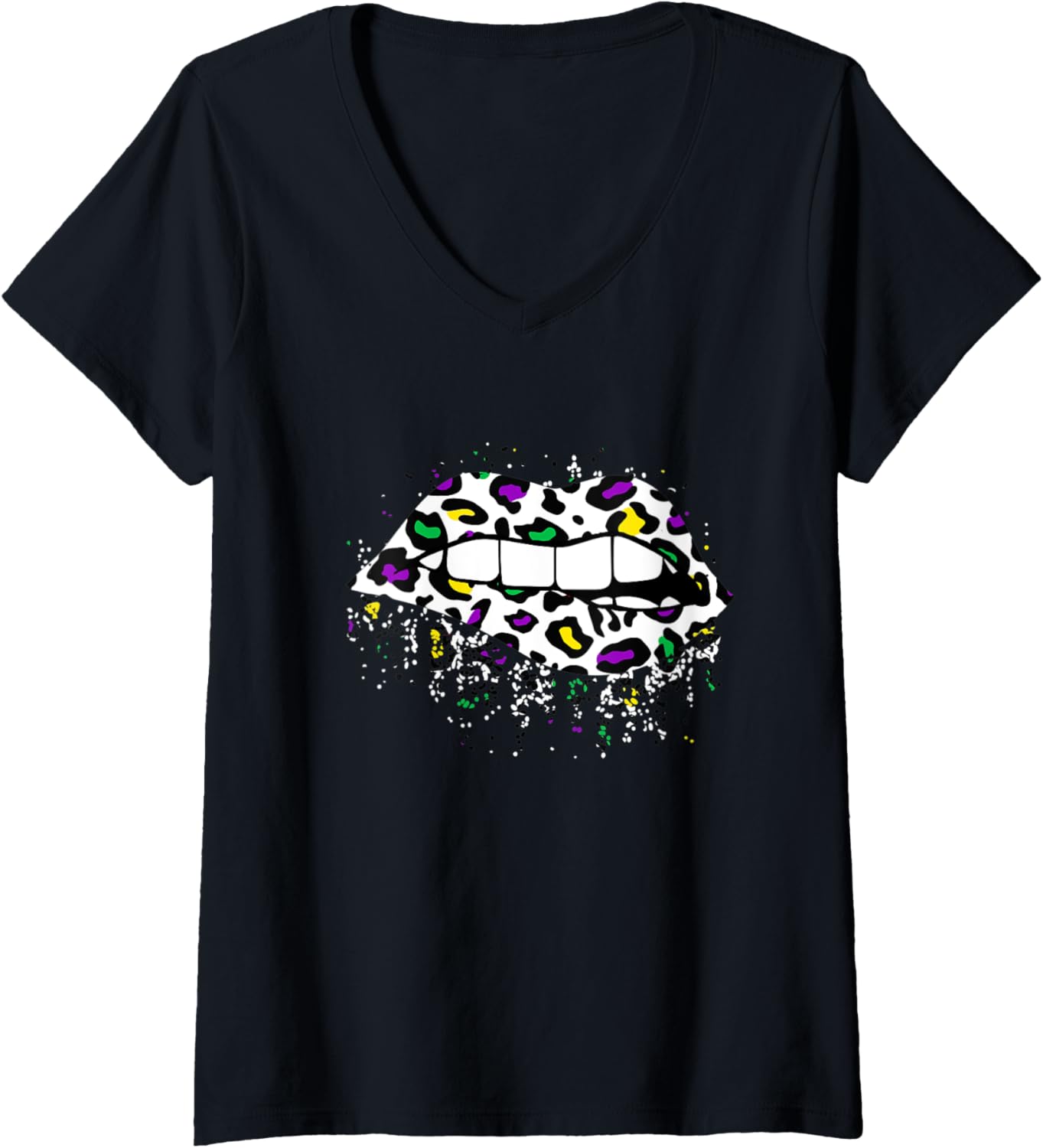Womens Cool Lips Bite Kiss Me Leopard Print Cheetah Mardi Gras V Neck Apparel Premium Print Everyday Wear