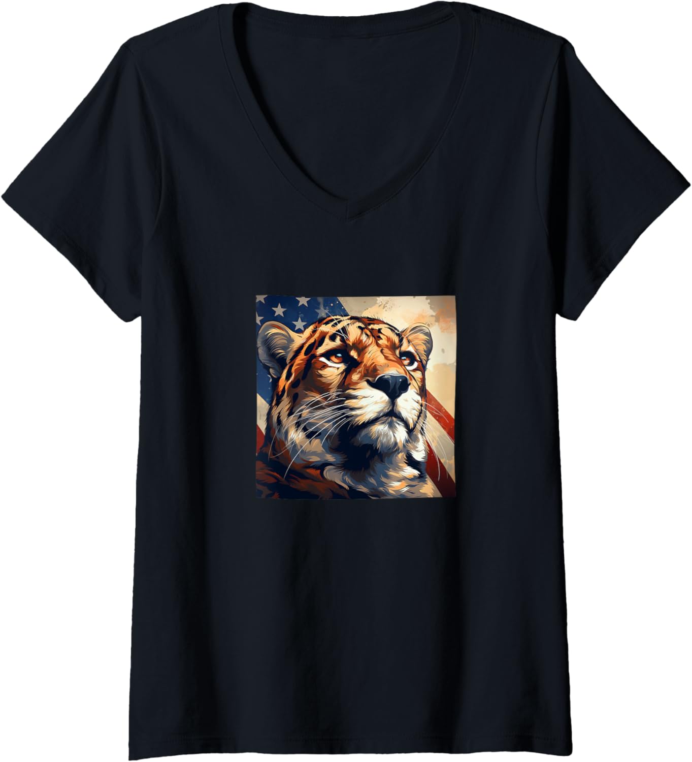 Womens Cheetah America Flag Illustration Graphic V Neck Apparel High Search Demand Hot Right Now