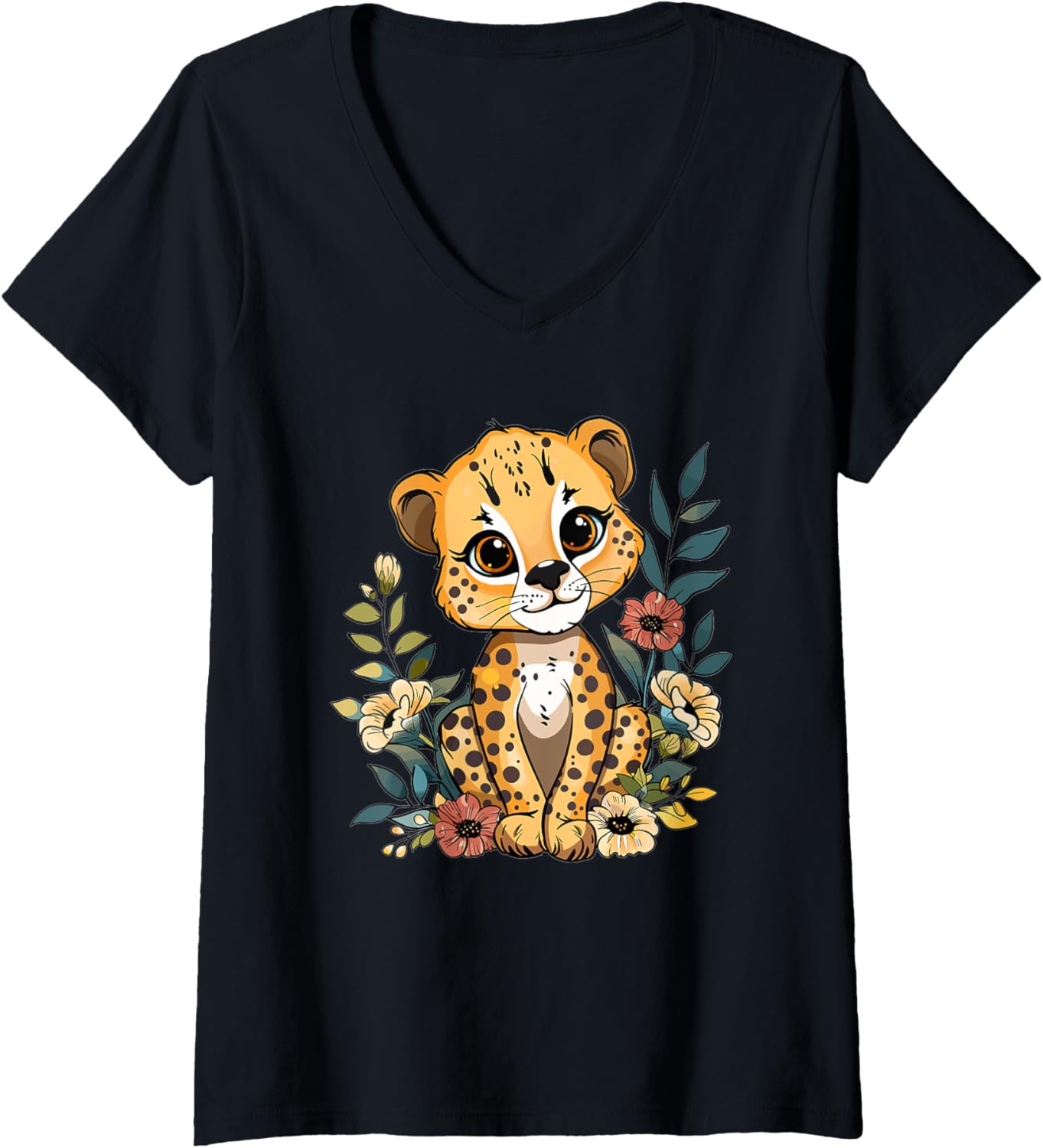 Womens Cute Cheetah With Flowers I Cheetah V Neck Apparel Premium Print Everyday Wear
