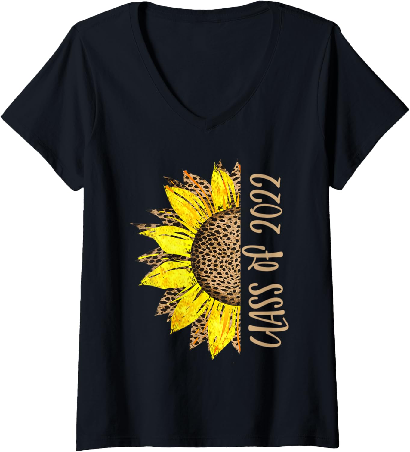 Womens Class of 2022 Senior Leopard Print Cheetah Half Sunflower V Neck Apparel Streetwear Style Gift Ready