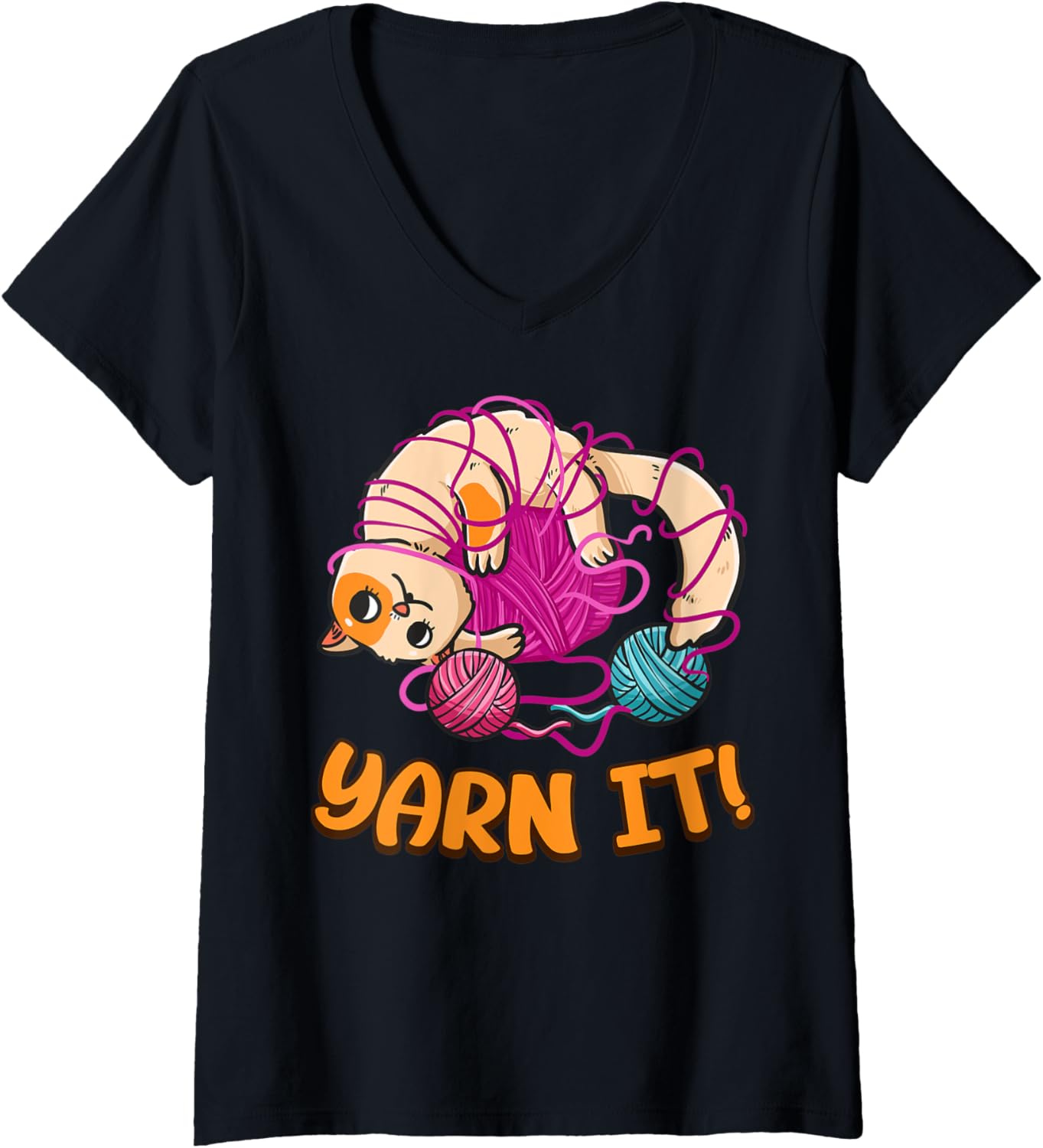 Womens Funny Knitters Yarn It Cat Tangled In Yarn Cat Lovers Yarn V-Neck Yarn Supply | Top Rated | High CTR Title