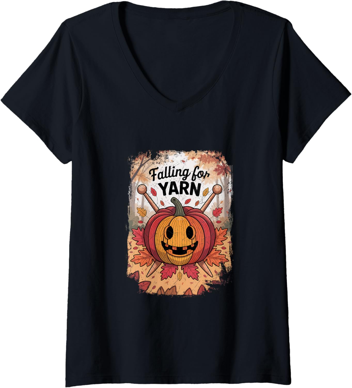 Womens Falling for Yarn Knitting, Cute Autumn Pumpkin Yarn V-Neck Yarn Supply | Premium Quality | High CTR Title