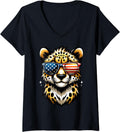 Womens Patriotic USA Cheetah American Flag Sunglasses Funny Animal V Neck Apparel Viral TikTok Find Gift Ready