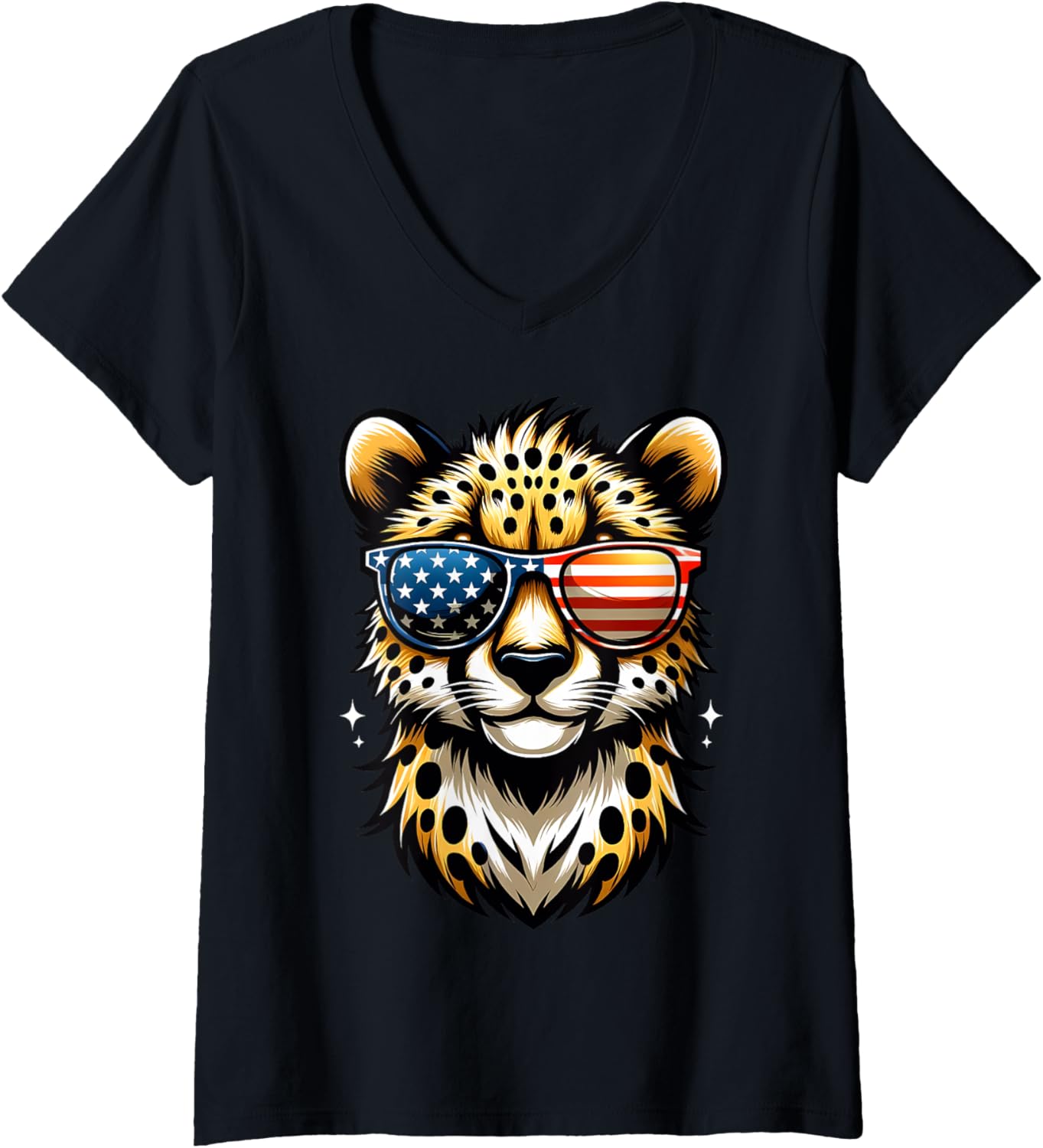 Womens Patriotic USA Cheetah American Flag Sunglasses Funny Animal V Neck Apparel Viral TikTok Find Gift Ready