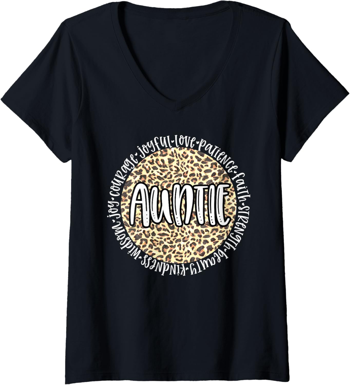 Womens AUNTIE Cheetah Leopard Print Circle Love Patience Black V Neck Apparel Trending US Fan Favorite