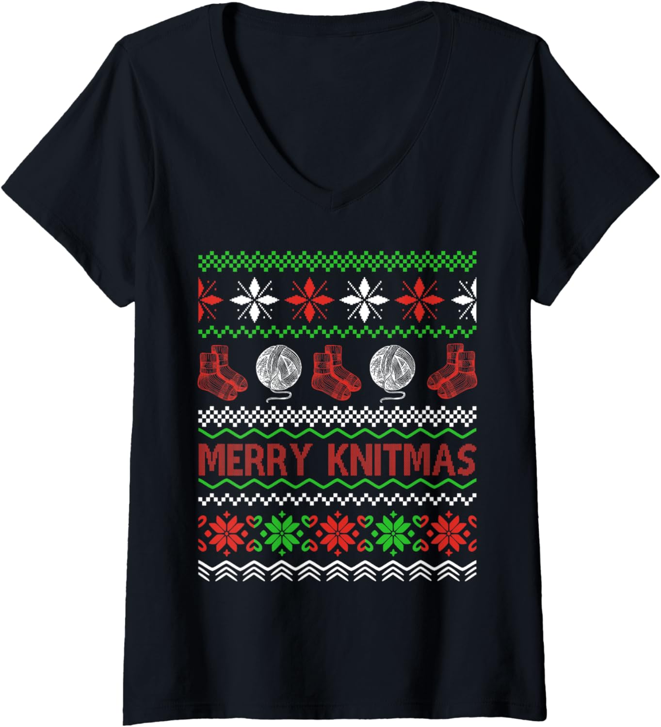 Womens Merry Knitmas Xmas Ugly Sweater Knitting Yarn Christmas V-Neck Sweater | Viral US Pick | Perfect for Crafters