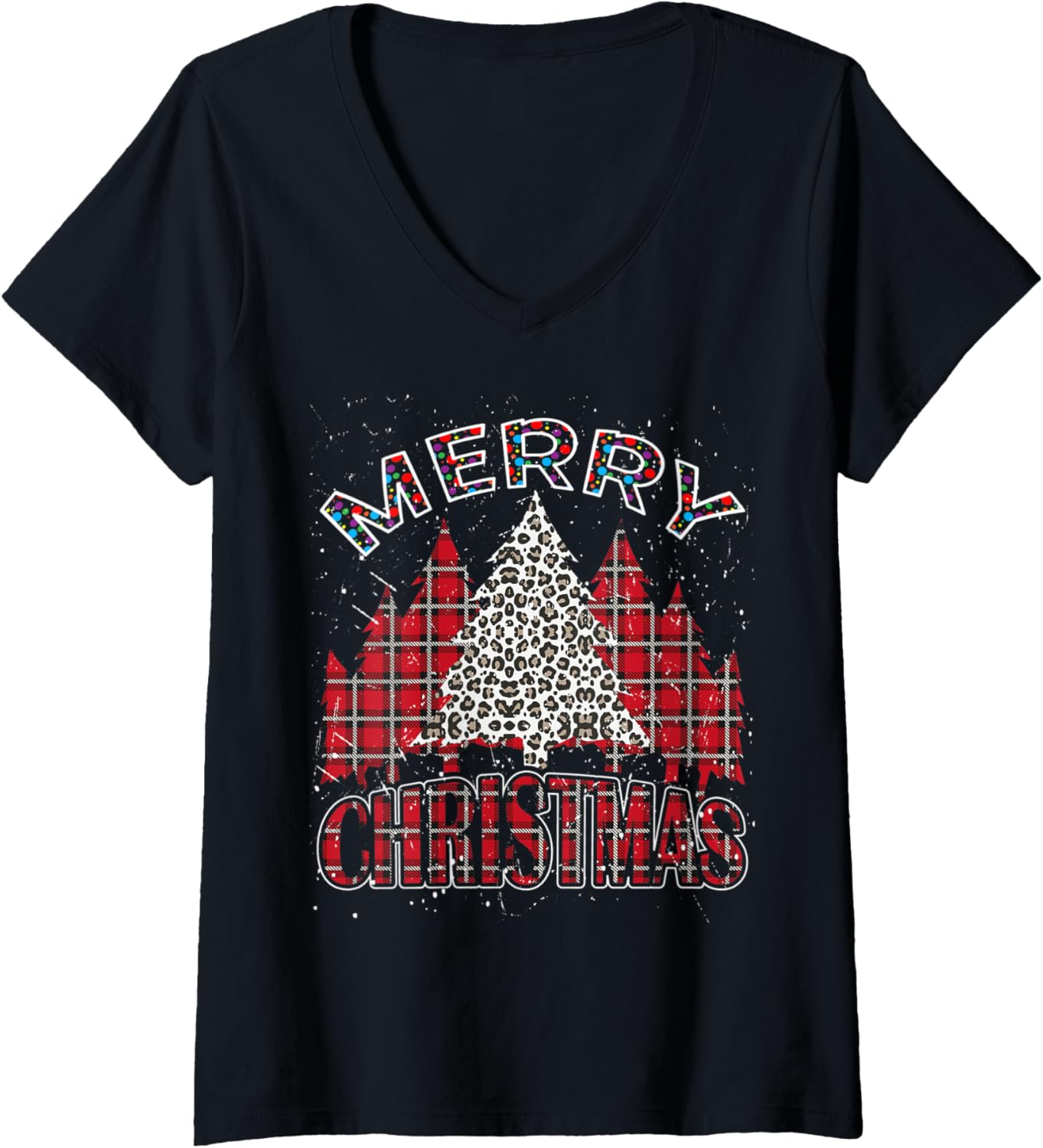 Womens Merry Christmas Trees Red Plaid Leopard Cheetah Print V Neck Apparel Comfort Fit Everyday Wear