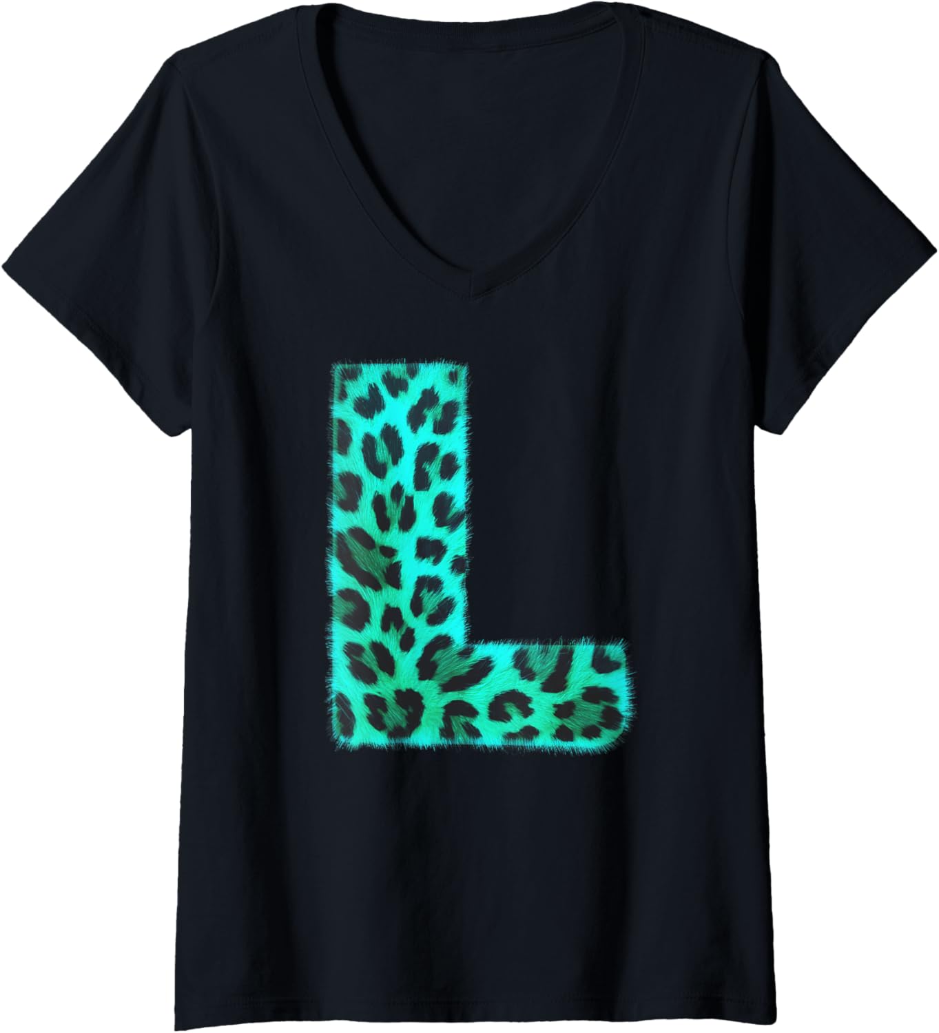 Womens Letter L Cheetah Leopard Print Blue Initial Zebra Matching V Neck Apparel Comfort Fit US Top Pick