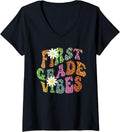 Womens Groovy FIRST GRADE VIBES Teacher Leopard Print 1st Gr Retro V Neck Apparel Streetwear Style Best Seller Look