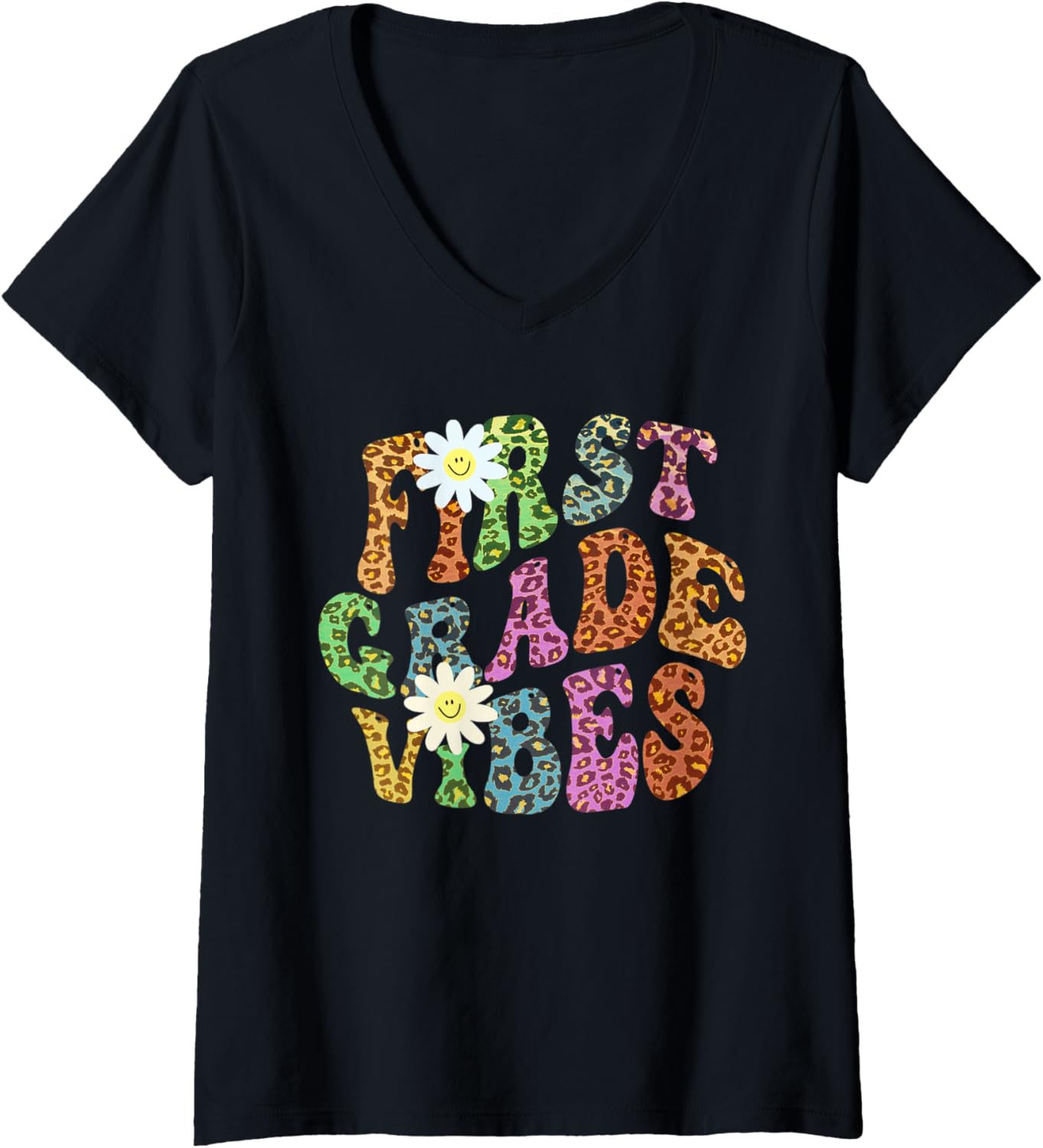 Womens Groovy FIRST GRADE VIBES Teacher Leopard Print 1st Gr Retro V Neck Apparel Streetwear Style Best Seller Look