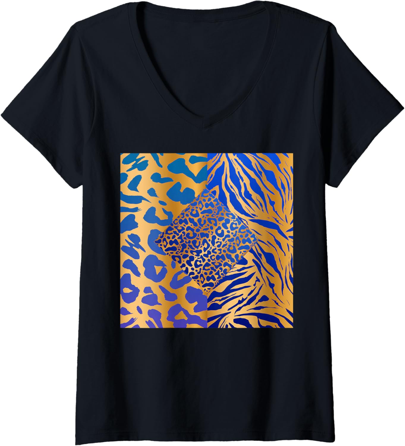 Womens JUNGLE PRINT GOLDS WITH BLUES DIAMD ZEBRA PANTHER CHEETAH V Neck Apparel Viral TikTok Find Hot Right Now