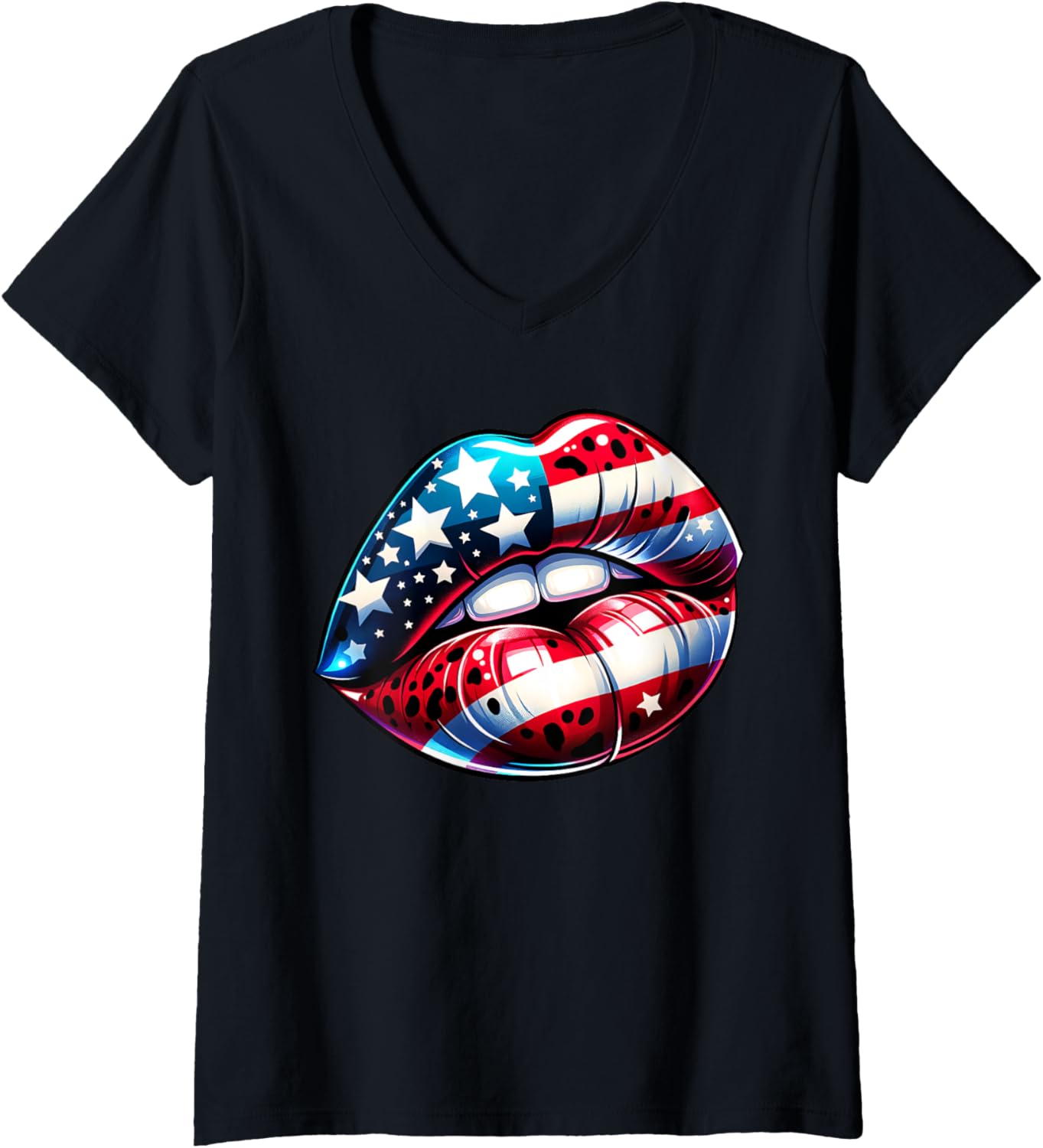 Womens 4th July Lips Cheetah Leopard American USA Flag Women Girls V Neck Apparel Premium Print US Top Pick