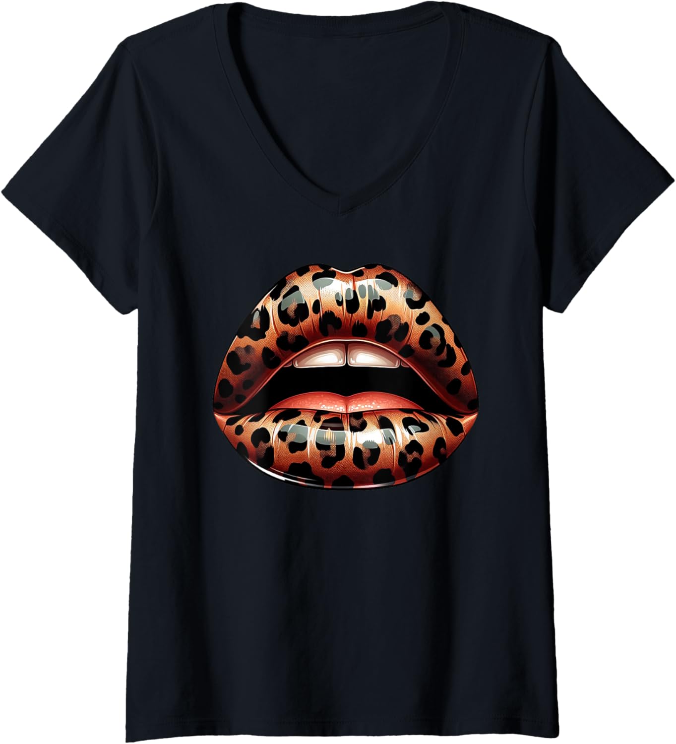 Womens Leopard Print Lips Trendy Cheetah Lips Black Queen Women V Neck Apparel Viral TikTok Find Best Seller Look