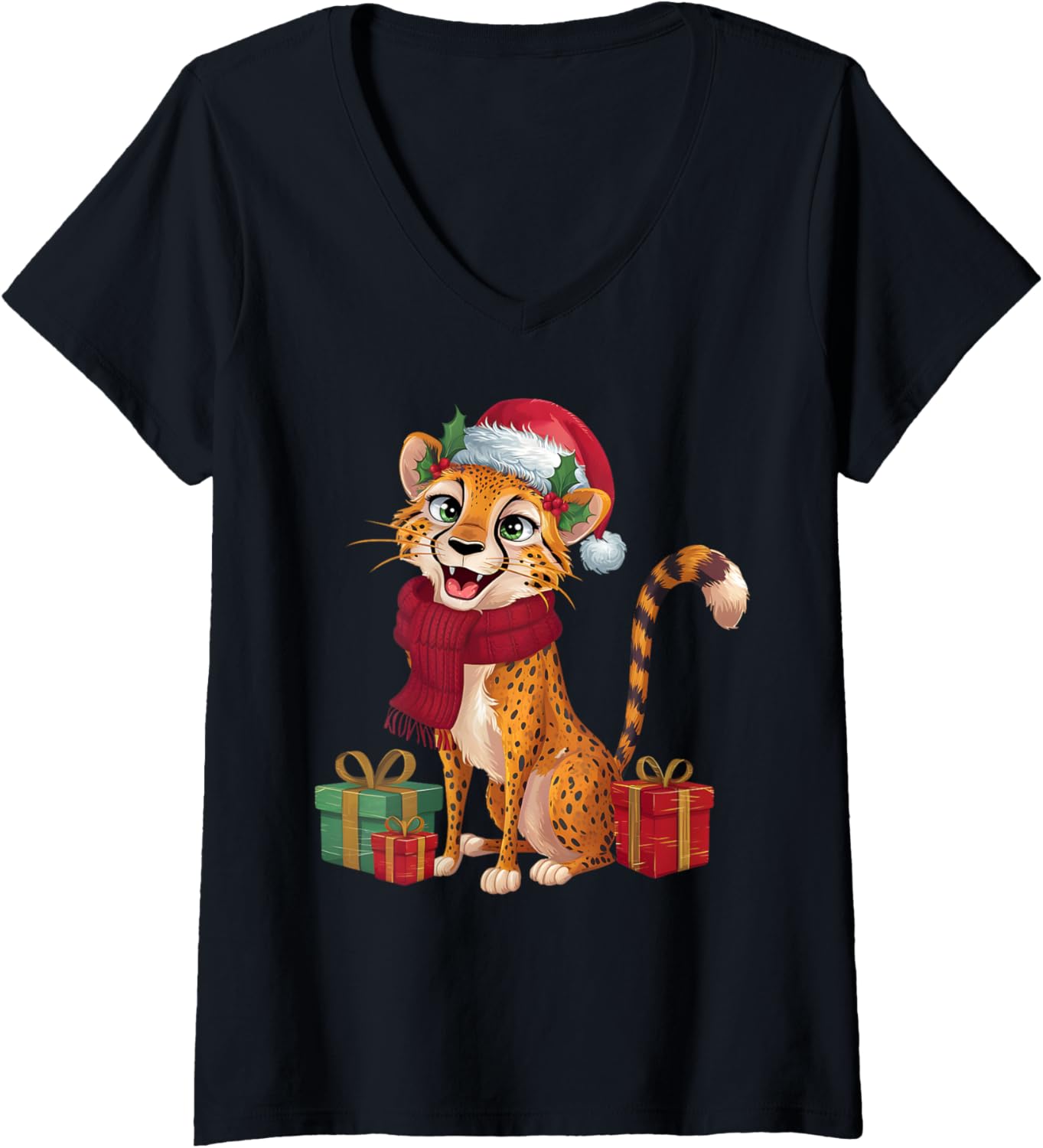 Womens Funny Cheetah Lover Xmas Holiday Santa Cheetah Christmas V Neck Apparel High Search Demand Hot Right Now