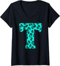 Womens Letter T Cheetah Leopard Print Blue Initial Zebra Matching V Neck Apparel Streetwear Style Gift Ready