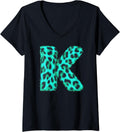 Womens Letter K Cheetah Leopard Print Blue Initial Zebra Matching V Neck Apparel High Search Demand Best Seller Look