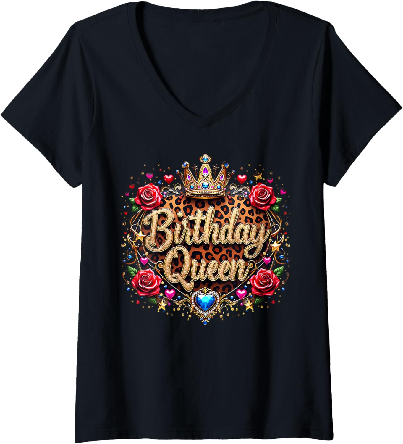 Womens Leopard Birthday Queen Crown Cheetah Animal Print Sexy Women V Neck Apparel Trending US Best Seller Look